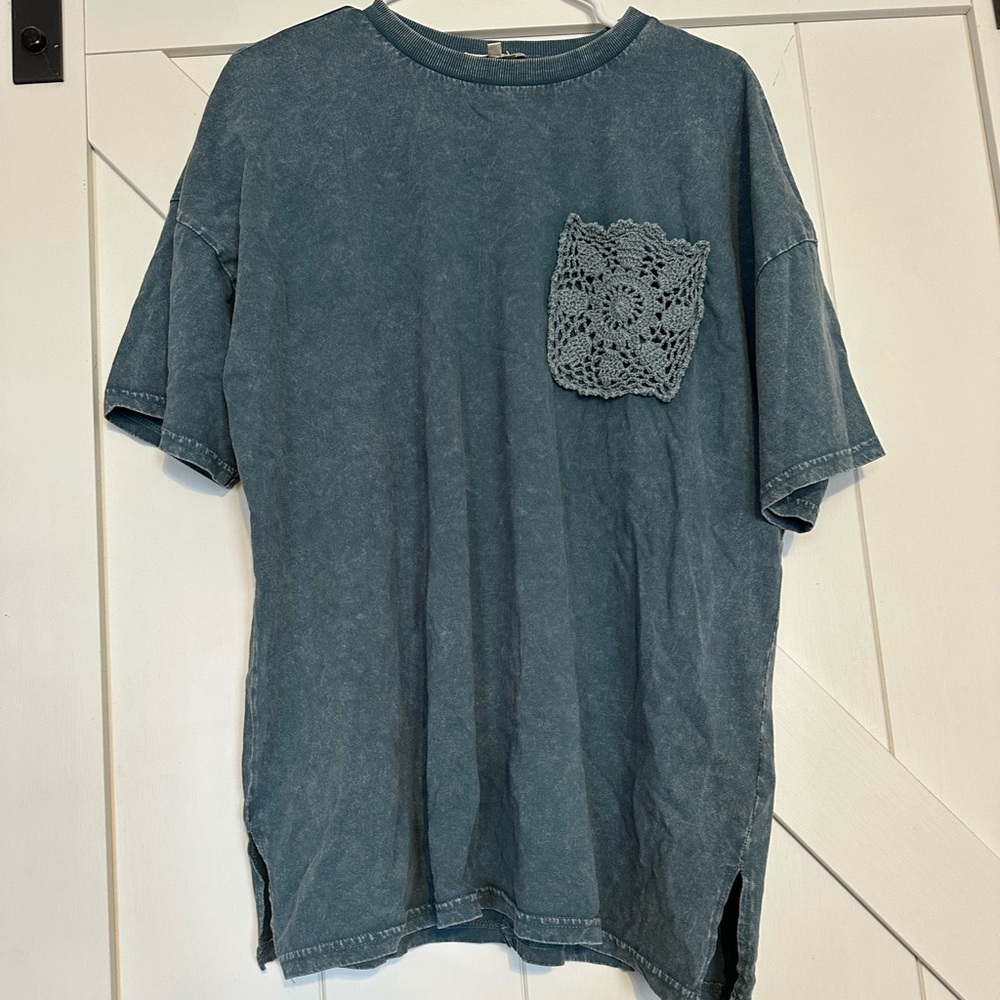 Blue T-Shirt with Crochet Pocket